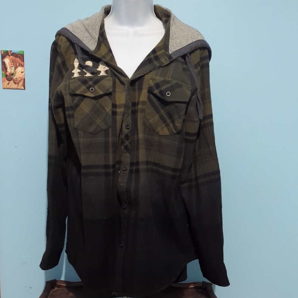 Disney Men's Green and Black Plaid Shirt Jacket